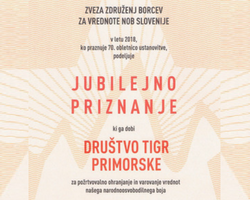 PREJELI SMO JUBILEJNO PRIZNANJE ZVEZE ZDRUŽENJ BORCEV ZA VREDNOTE NOB SLOVENIJE