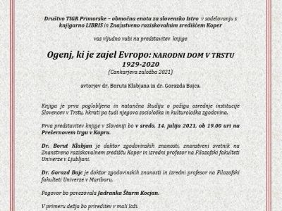 Vabilo na predstavitev knjige Ogenj, ki je zajel Evropo: Narodni dom v Trstu 1929-2020