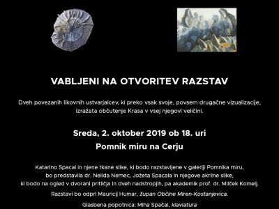 Vabilo na otvoritev razstav Katarine Spacal in Jožeta Spacala v galeriji Pomnika miru na Cerju
