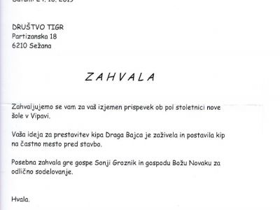 Zahvala osnovne šole Draga Bajca Vipava