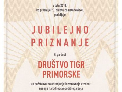 PREJELI SMO JUBILEJNO PRIZNANJE ZVEZE ZDRUŽENJ BORCEV ZA VREDNOTE NOB SLOVENIJE