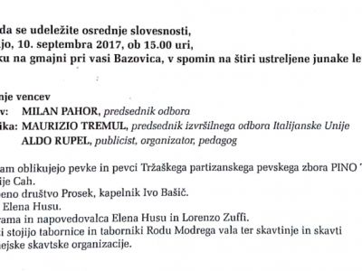 OSREDNJA PRIREDITEV BAZOVICE 2017 BO V NEDELJO, 10. 9. 2017 OB 15H 